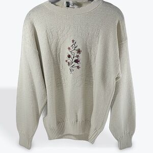 Vintage Carly Blake Ivory Crewneck Sweater with Floral Embroidery Medium Cotton